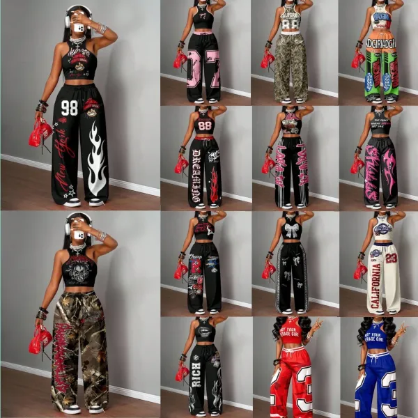 Design California 23 Graphic Crop Top and Wide-Leg Sweatpants Set Black - 2