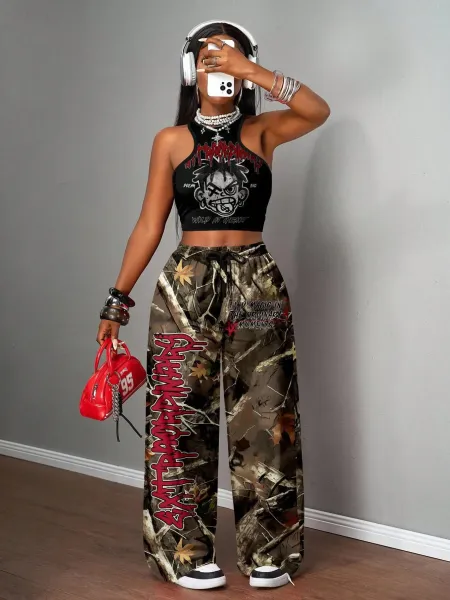 Design California 23 Graphic Crop Top and Wide-Leg Sweatpants Set Black - 18