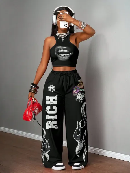 Design California 23 Graphic Crop Top and Wide-Leg Sweatpants Set Black - 25