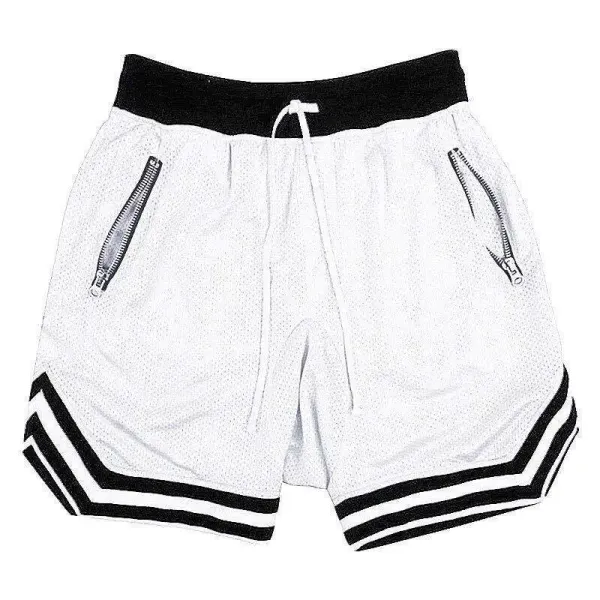 Design Mesh Shorts with Zipper Pockets and Striped Hem in Pale Yellow - 10
