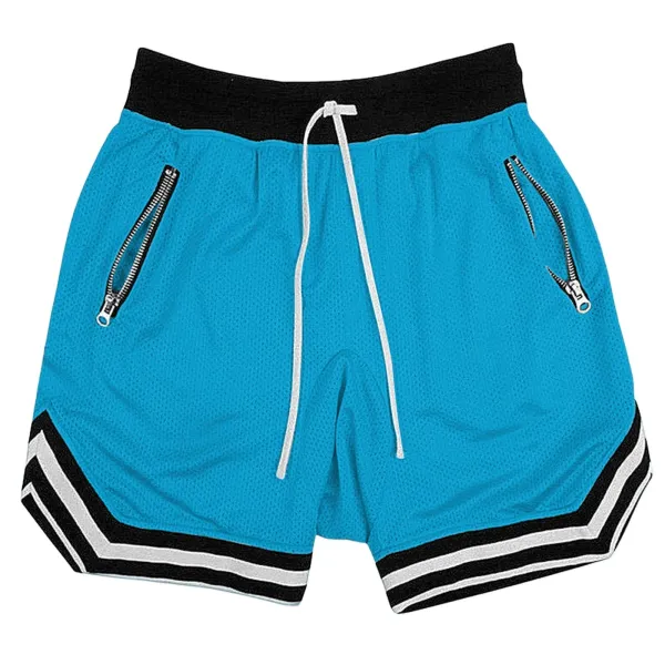 Design Mesh Shorts with Zipper Pockets and Striped Hem in Pale Yellow - 27