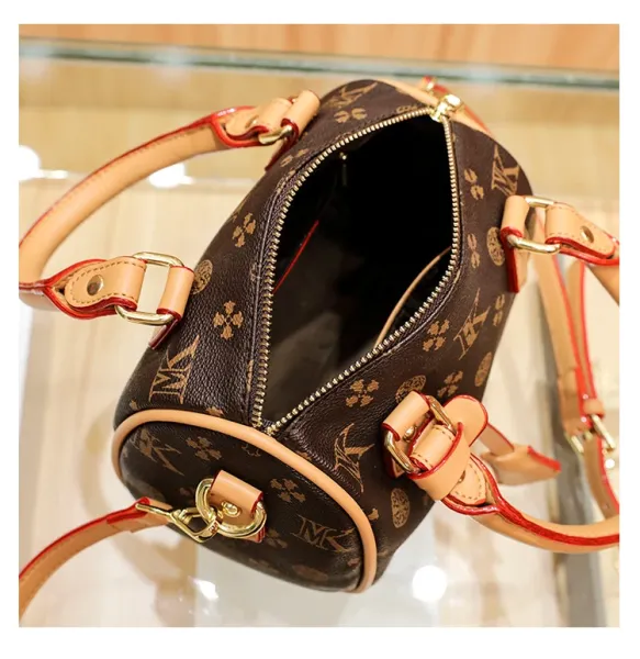 Design Boston Bag with Monogram Print Brown and Beige Handbag - 10