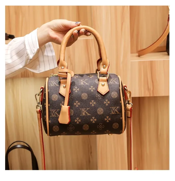 Design Boston Bag with Monogram Print Brown and Beige Handbag - 16