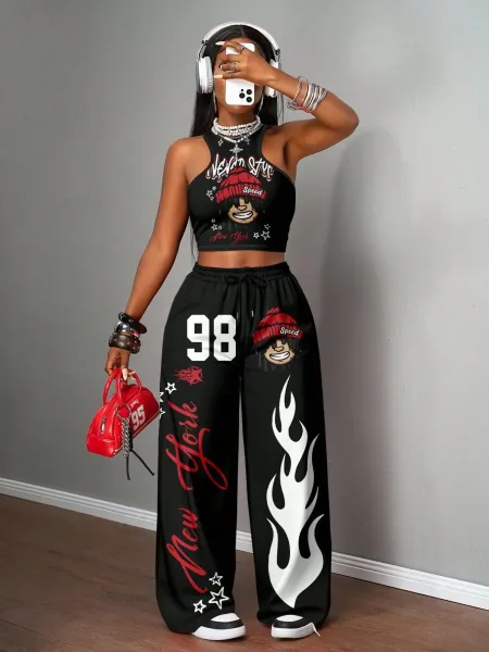 Design California 23 Graphic Crop Top and Wide-Leg Sweatpants Set Black - 8