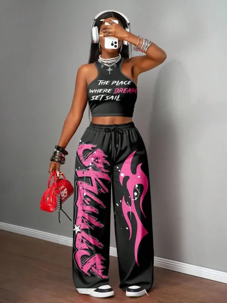 Design California 23 Graphic Crop Top and Wide-Leg Sweatpants Set Black - 16