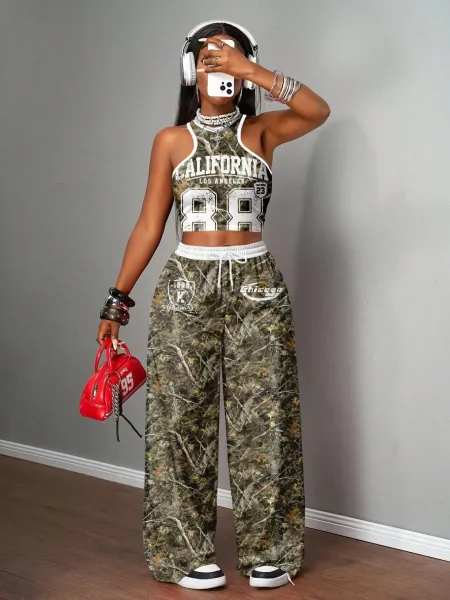 Design California 23 Graphic Crop Top and Wide-Leg Sweatpants Set Black - 21