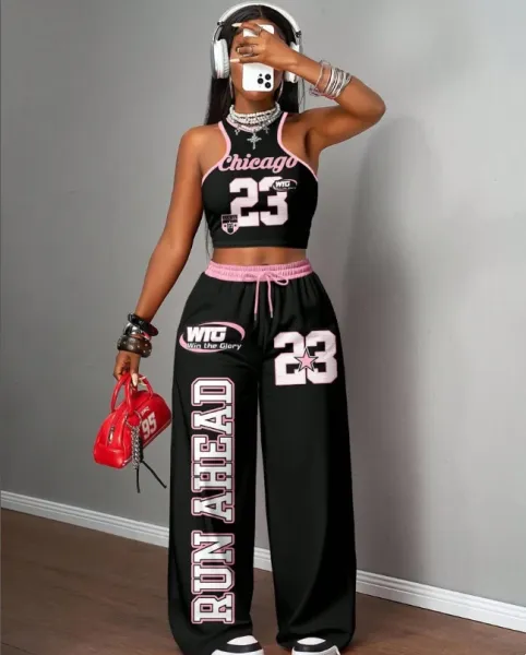 Design California 23 Graphic Crop Top and Wide-Leg Sweatpants Set Black - 31
