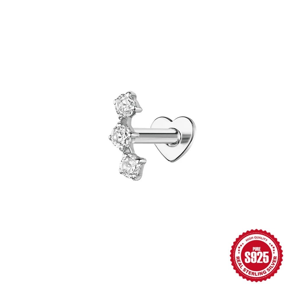 Sterling Silver Heart Labret with Three Cubic Zirconia Stones
