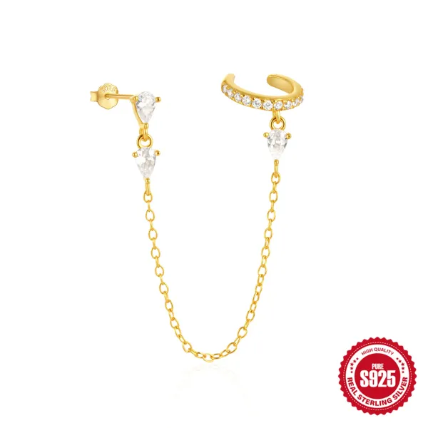 Design S925 Sterling Silver Teardrop Chain Cuff Earrings Gold Jewelry - 1