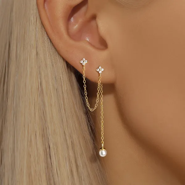 Design S925 Sterling Silver Gold-Plated Pearl Drop Chain Earrings Jewelry - 11
