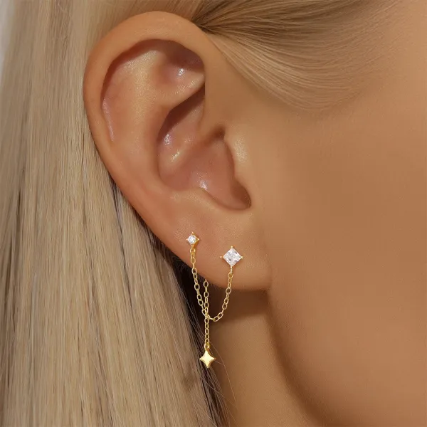 Design S925 Sterling Silver Gold-Plated Pearl Drop Chain Earrings Jewelry - 13