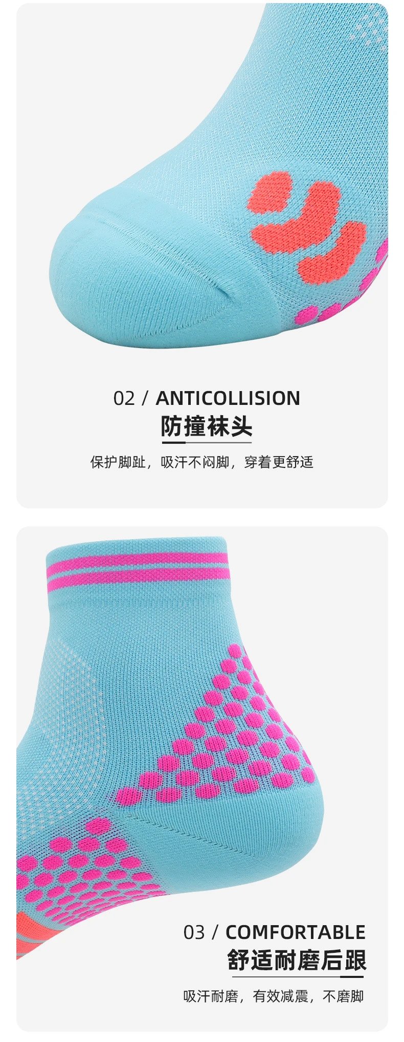 Design Performance Running Socks Neon Orange with Blue Grip Dots and Green Heel Tab - 15