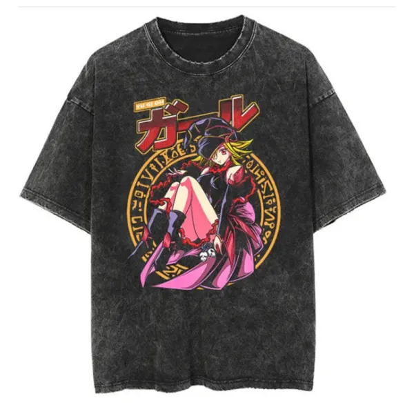 Design Anime Girl Graphic Acid Wash Black T-Shirt - 1