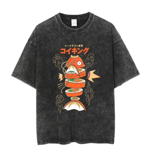 Design Koi King Sushi Graphic Acid Wash T-Shirt - 1