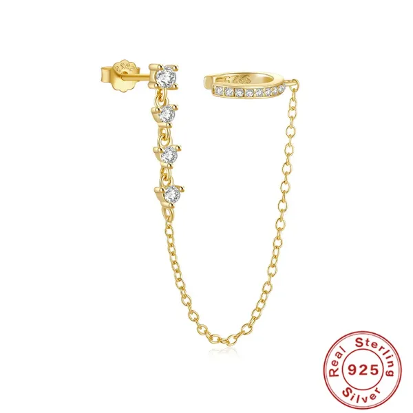 Design 925 Sterling Silver Gold-Plated CZ Chain Earring Set Jewelry - 1