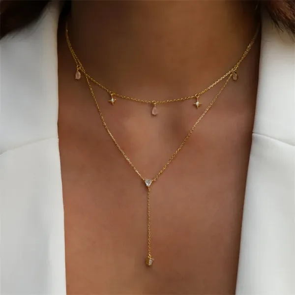Design Star and Rose Quartz Pendant Necklace Silver Jewelry - 6