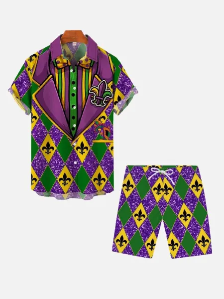 Design Mardi Gras Fleur-de-Lis Print Short-Sleeve Shirt and Shorts Set Multicolor Sets - 3