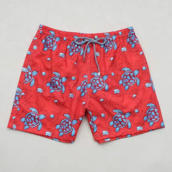 Design Turtle Print Floral Swim Shorts White Green Navy Swimwear - 2