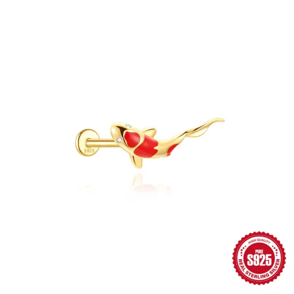 Design S925 Sterling Silver Koi Fish Labret Piercing Red Enamel Jewelry - 1