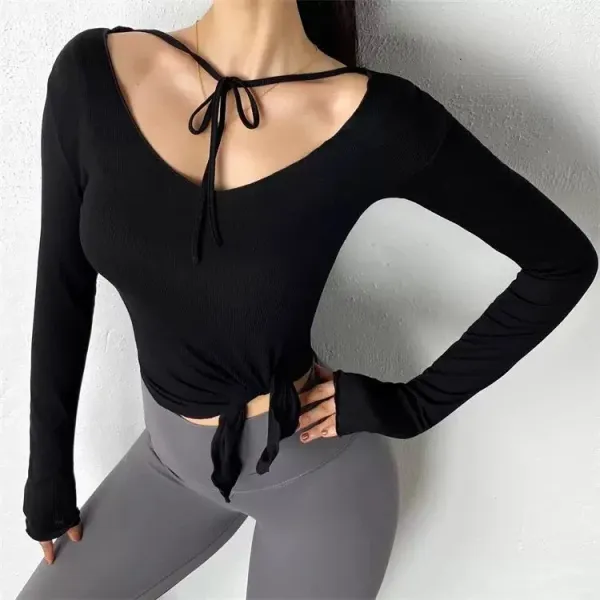 Design Ribbed Long Sleeve Top with Back Tie and High-Waisted Leggings Set Beige Gray Activewear - 25