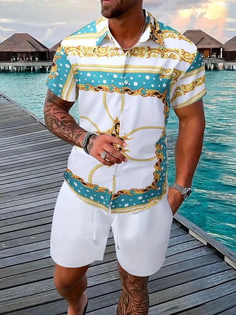 Design Hawaiian Print Button-Up Shirt Navy Yellow Shorts Set - 2