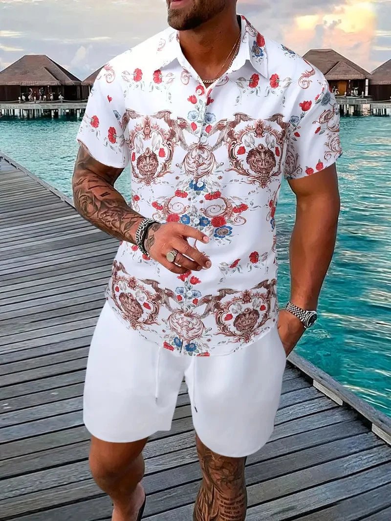 Design Hawaiian Print Button-Up Shirt Navy Yellow Shorts Set - 5