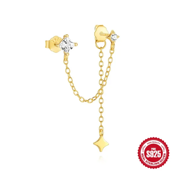 Design S925 Sterling Silver Star Chain Earrings Gold Plated Jewelry - 1