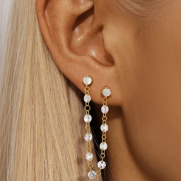 Design S925 Sterling Silver Gold-Plated Pearl Drop Chain Earrings Jewelry - 9