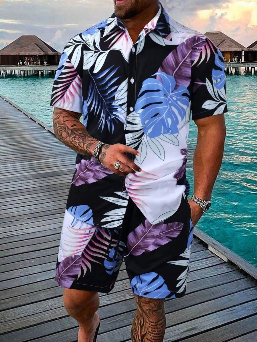 Design Hawaiian Print Button-Up Shirt Navy Yellow Shorts Set - 17
