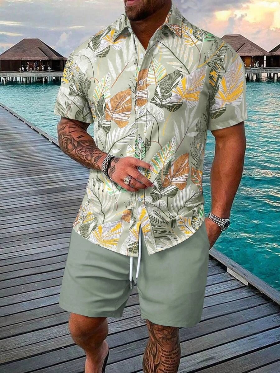 Design Hawaiian Print Button-Up Shirt Navy Yellow Shorts Set - 19