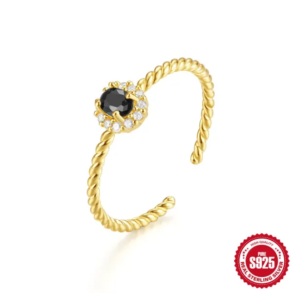 Design S925 Sterling Silver Twisted Rope Ring with Black Gemstone and Cubic Zirconia Jewelry - 1