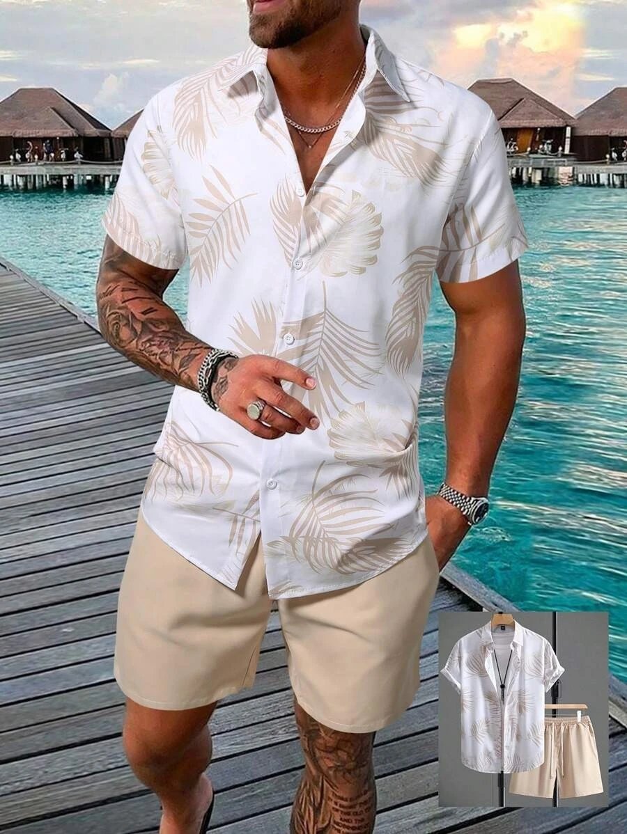 Design Hawaiian Print Button-Up Shirt Navy Yellow Shorts Set - 9