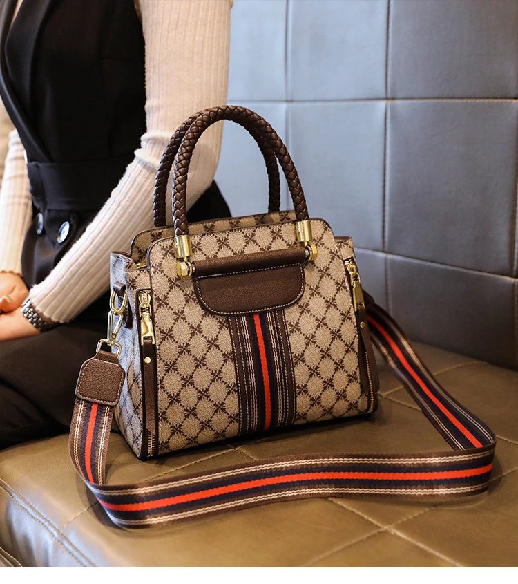 Design Quilted Diamond Pattern Handbag with Striped Strap Beige Brown Red Handbag - 2