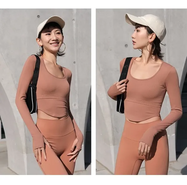 Design Long Sleeve Cropped Top and Track Pants Set in Burgundy - 28