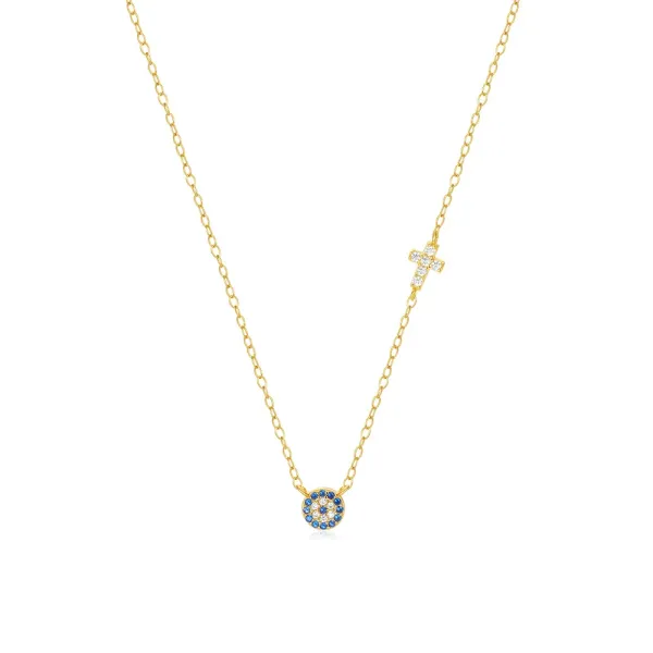 Design S925 Sterling Silver Evil Eye and Cross Pendant Necklace Gold Plated Jewelry - 9