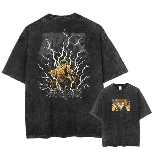 Design Demon Slayer Lightning Burst Washed Black T-Shirt - 1