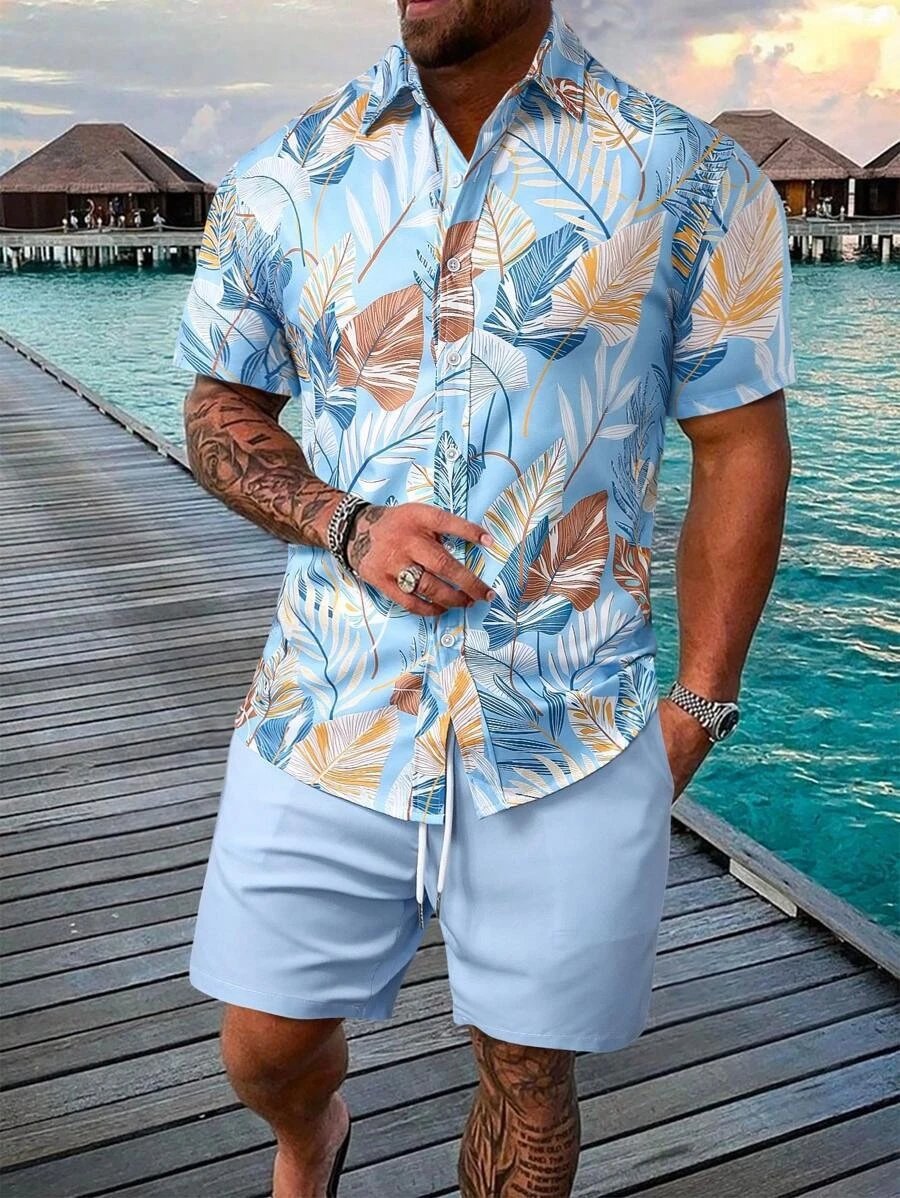 Design Hawaiian Print Button-Up Shirt Navy Yellow Shorts Set - 18
