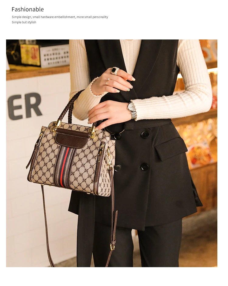 Design Quilted Diamond Pattern Handbag with Striped Strap Beige Brown Red Handbag - 15