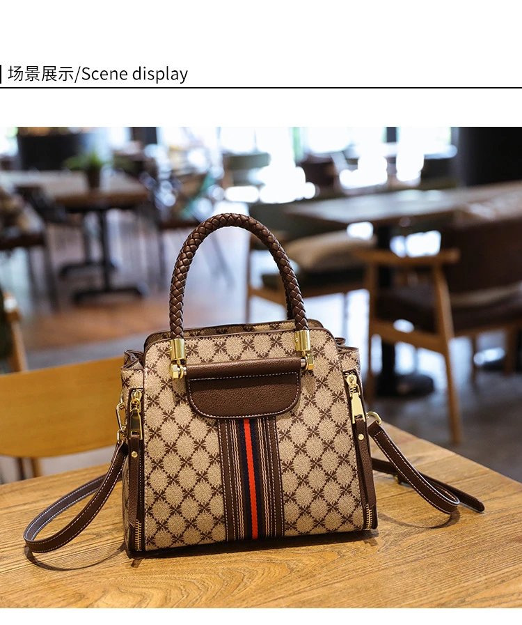 Design Quilted Diamond Pattern Handbag with Striped Strap Beige Brown Red Handbag - 21