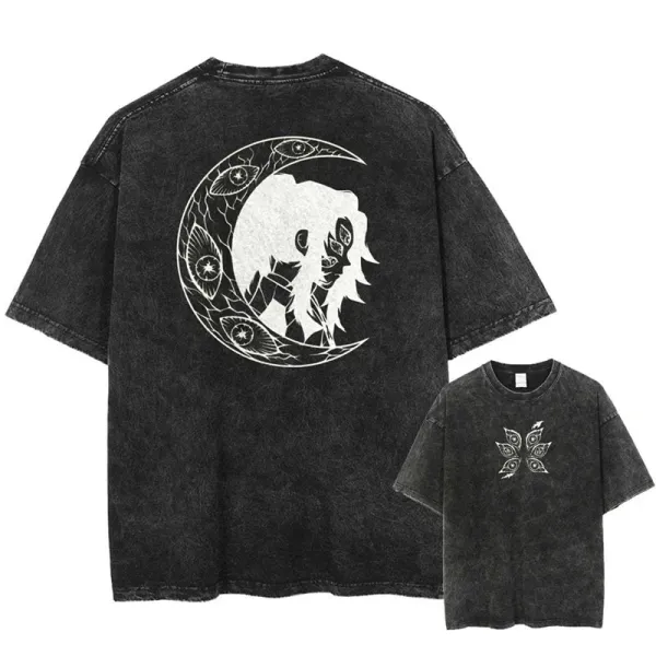 Design Crescent Moon Anime Graphic Washed Black T-Shirt - 1