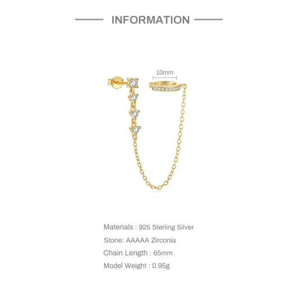 Design 925 Sterling Silver Gold-Plated CZ Chain Earring Set Jewelry - 4