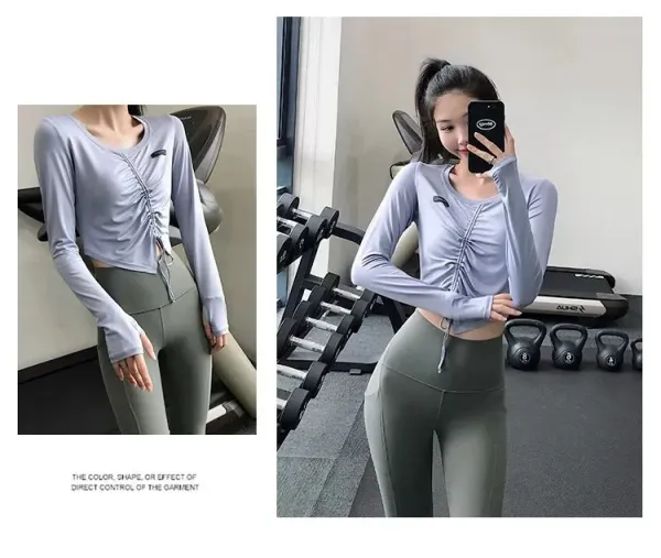Design Long Sleeve Ruched Crop Top White Activewear - 13