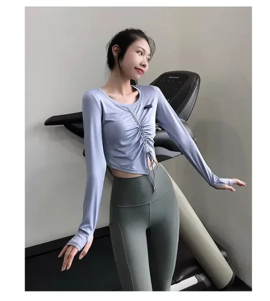 Design Long Sleeve Ruched Crop Top White Activewear - 14