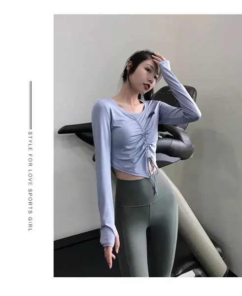 Design Long Sleeve Ruched Crop Top White Activewear - 16