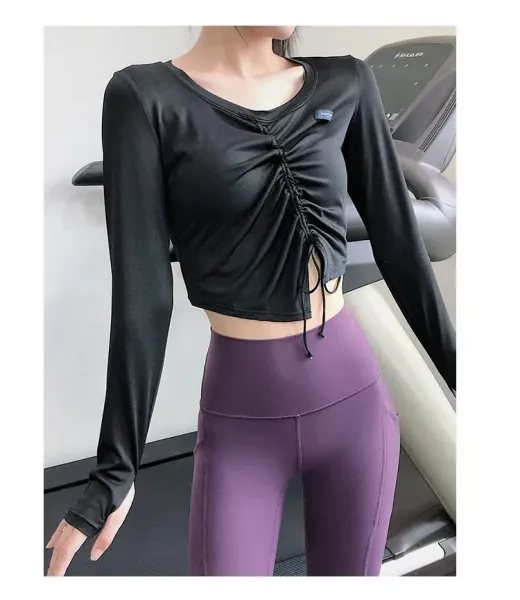 Design Long Sleeve Ruched Crop Top White Activewear - 27