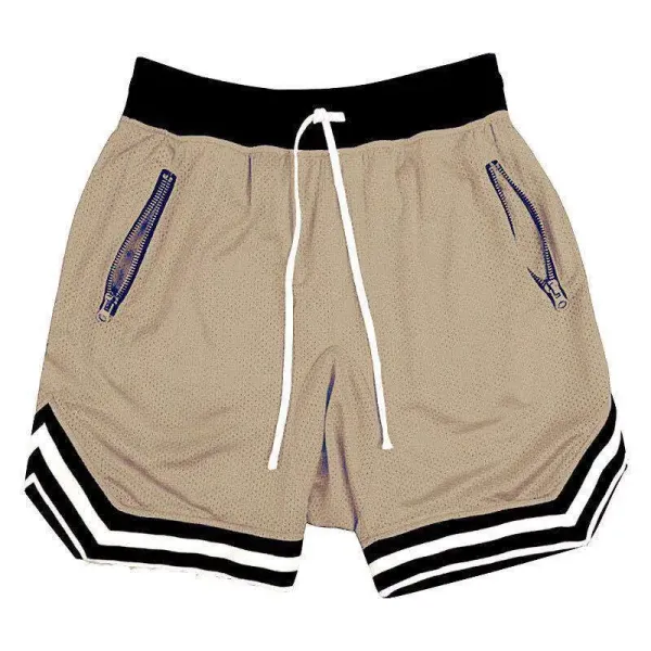Design Mesh Shorts with Zipper Pockets and Striped Hem in Pale Yellow - 4
