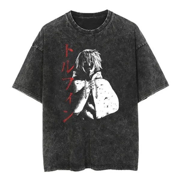 Design Anime Character Print Acid Wash Black T-Shirt - 1