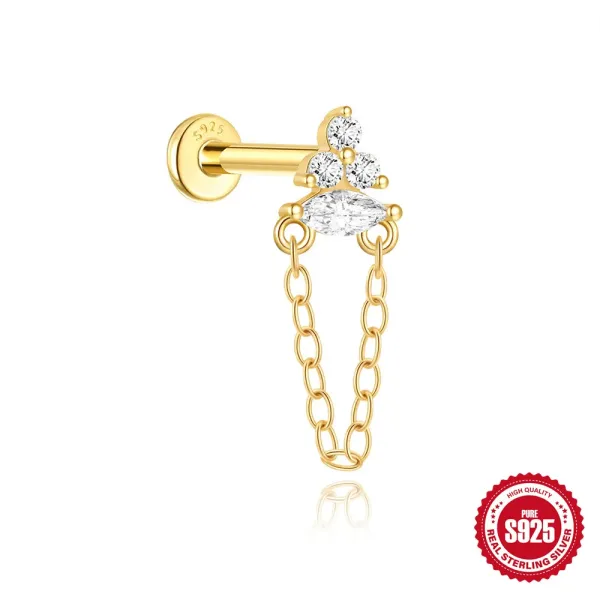 Design S925 Sterling Silver Gold-Plated Marquise CZ Chain Dangle Labret Piercing Jewelry - 1
