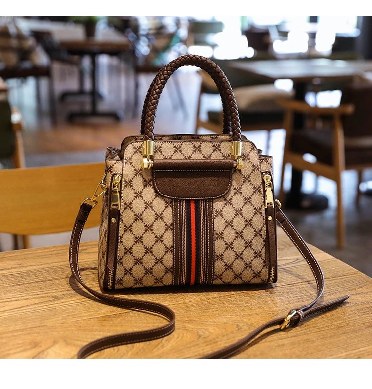 Design Quilted Diamond Pattern Handbag with Striped Strap Beige Brown Red Handbag - 24