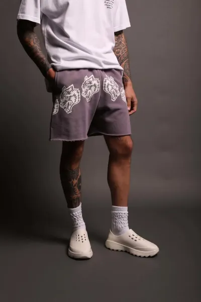 Wolves Club Wolf Head Print Black Shorts - 14